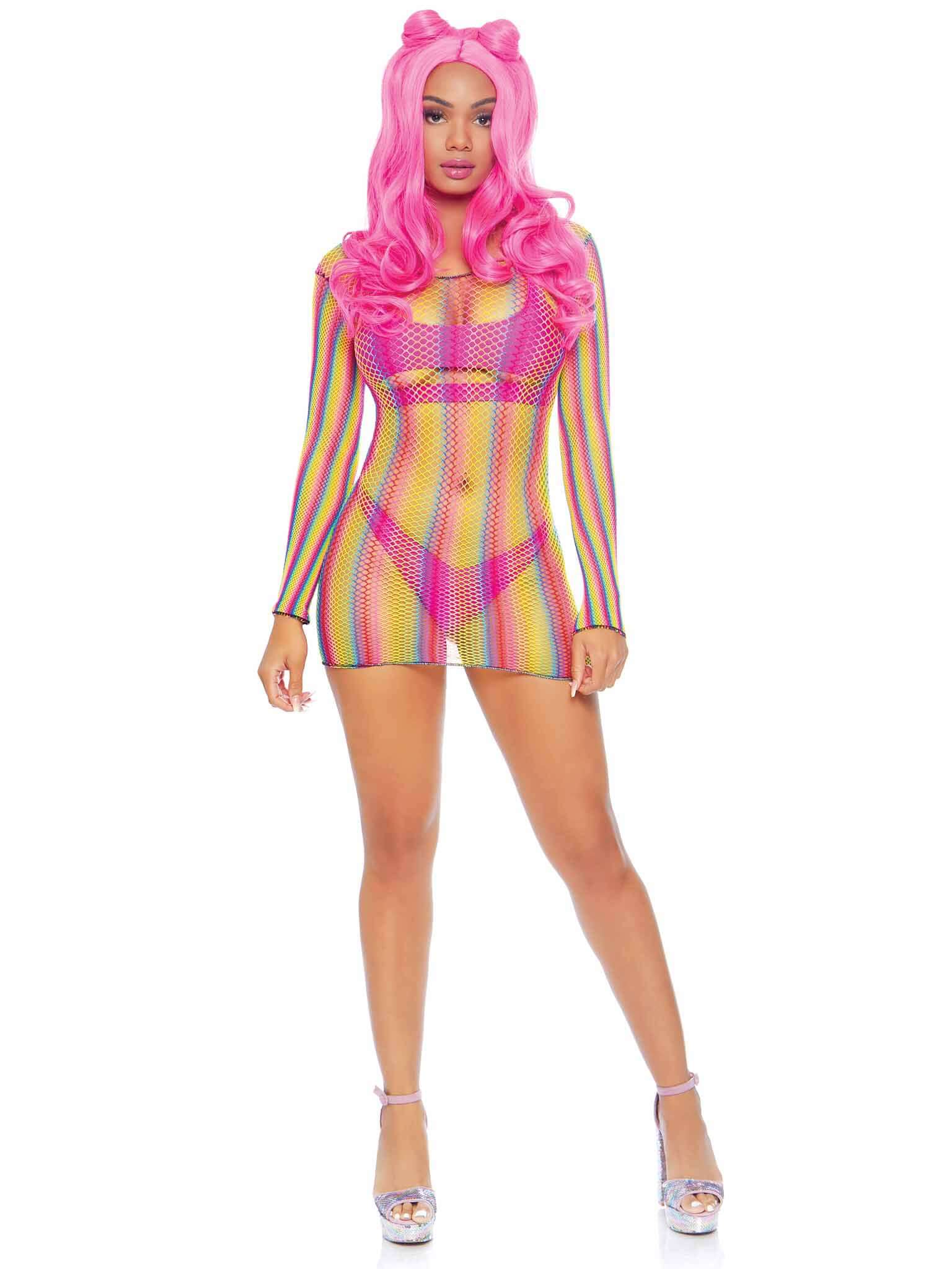 Rainbow Fishnet Long Sleeved Mini Dress - One Size - Rainbow