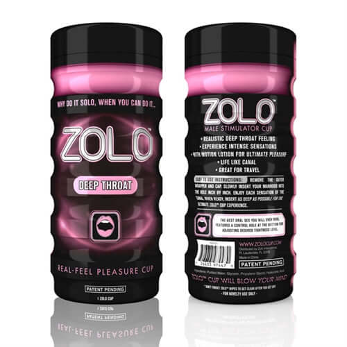 Deep Throat ZOLO Cup Stroker product packaging featuring ergonomic design and deep throat stimulation.
