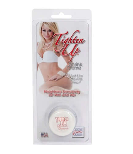 Tighten Up Shrink Creme packaging with product details and image of woman in white lingerie