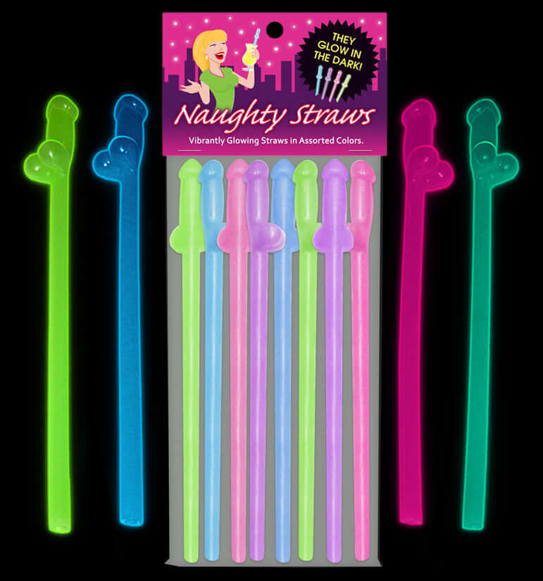 Kheper Games Glow-in-the-Dark Naughty Straws 8 Pack featuring neon straws in assorted colors, ideal for adult parties.