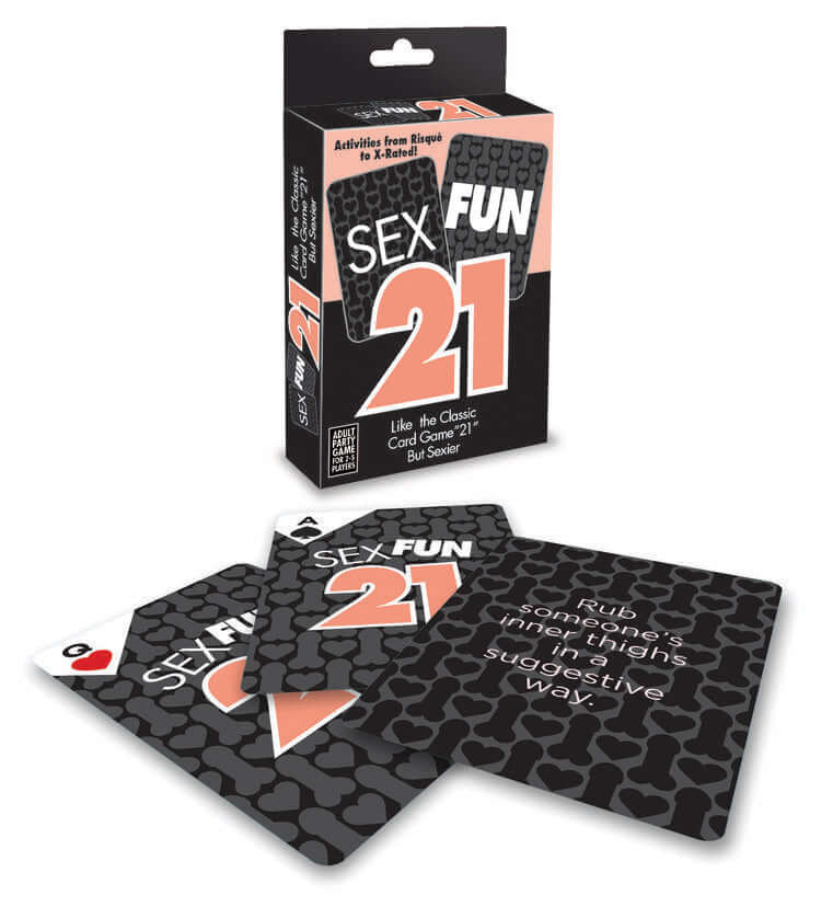 "Sex Fun 21 adult card game box with cards displaying playful challenges for an exciting twist on the classic game of 21."