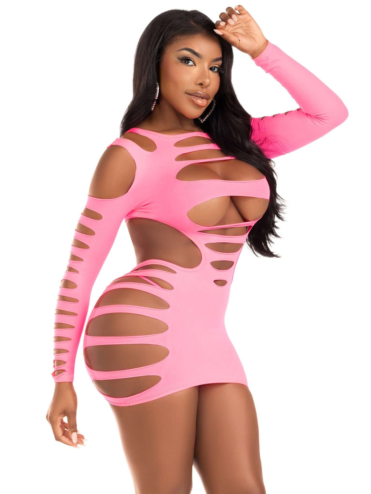 Neon pink opaque shredded cut-out mini dress with faux lace-up detail, showcasing daring cut-outs and bare mid-back.
