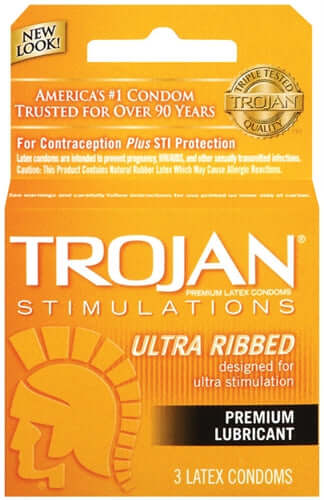Trojan Stimulations Ultra Ribbed Lubricated Condoms 3 Pack packaging showing premium latex condoms for extra stimulation.