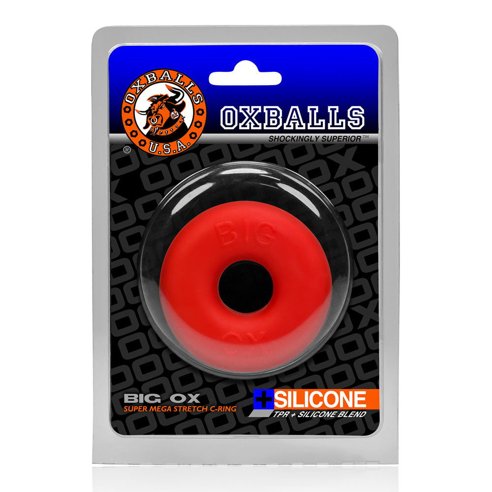 Oxballs Big Ox Super Mega Stretch Silicone Cock Ring Red packaged and ready for use, showcasing its thick flexible design.