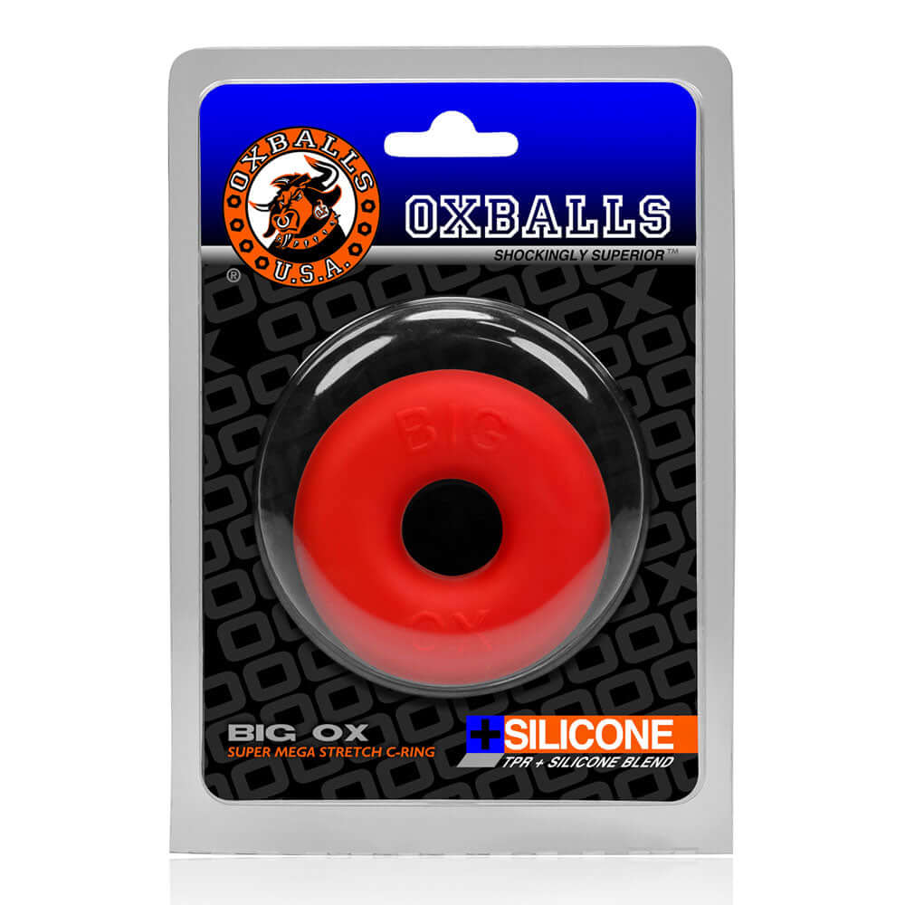 Oxballs Big Ox Super Mega Stretch Silicone Cock Ring Red packaged and ready for use, showcasing its thick flexible design.