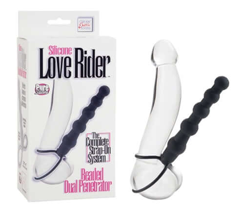 Silicone Love Rider Beaded Dual Penetrator Black packaged with clear and black silicone design for enhancing shared experiences.