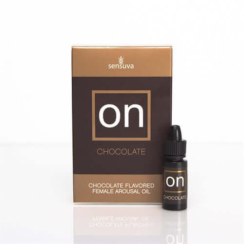 Sensuva On Chocolate Flavored Female Arousal Oil 0.17 Oz bottle and packaging on white background