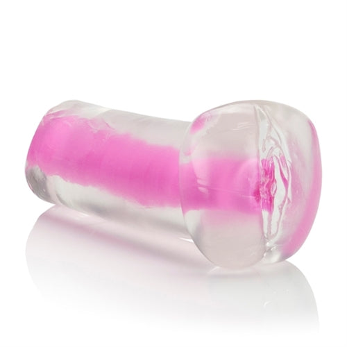 Super soft and stretchy pink masturbator with ribbed pleasure tunnels for enhanced stimulation.