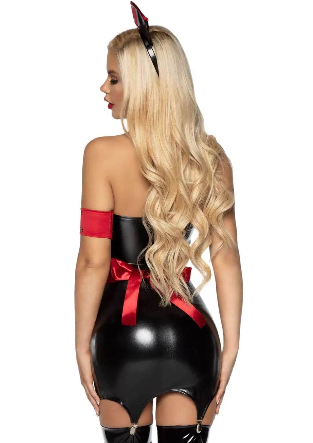Back view of the Leg Avenue Naughty Nurse Costume in black and red, featuring a wet look garter dress and matching accessories.