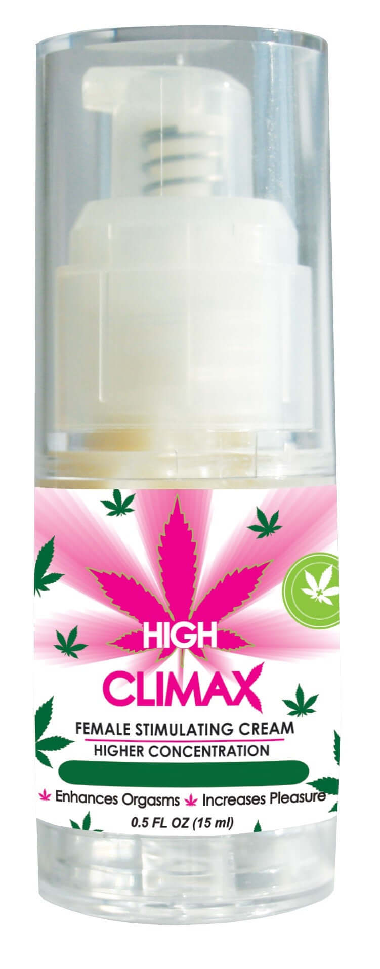 High Climax Female Stimulating Cream 0.5 Oz in a clear pump bottle, enhances sensitivity and pleasure.