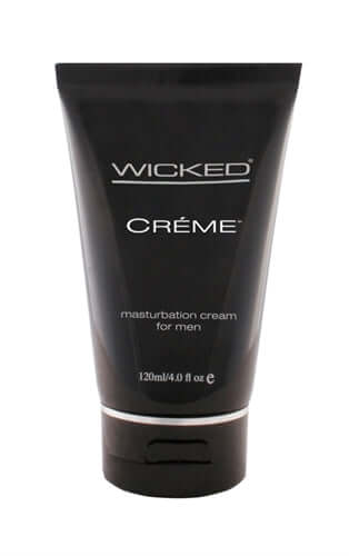Wicked Creme Masturbation Cream 4 Oz in a sleek black tube designed for enhanced solo pleasure.