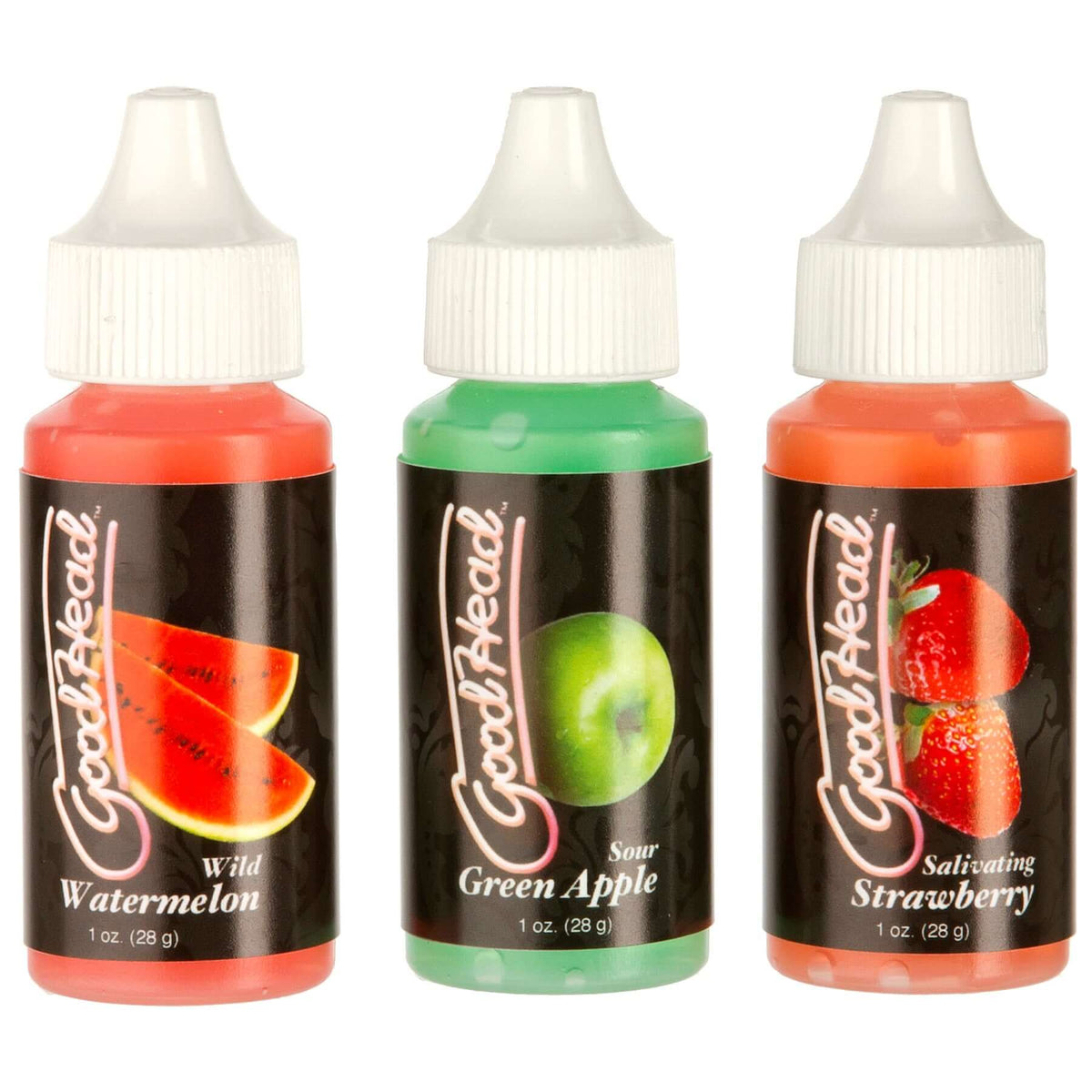 Good Head Tingle Drops Trio flavors: Wild Watermelon, Sour Green Apple, and Salivating Strawberry.