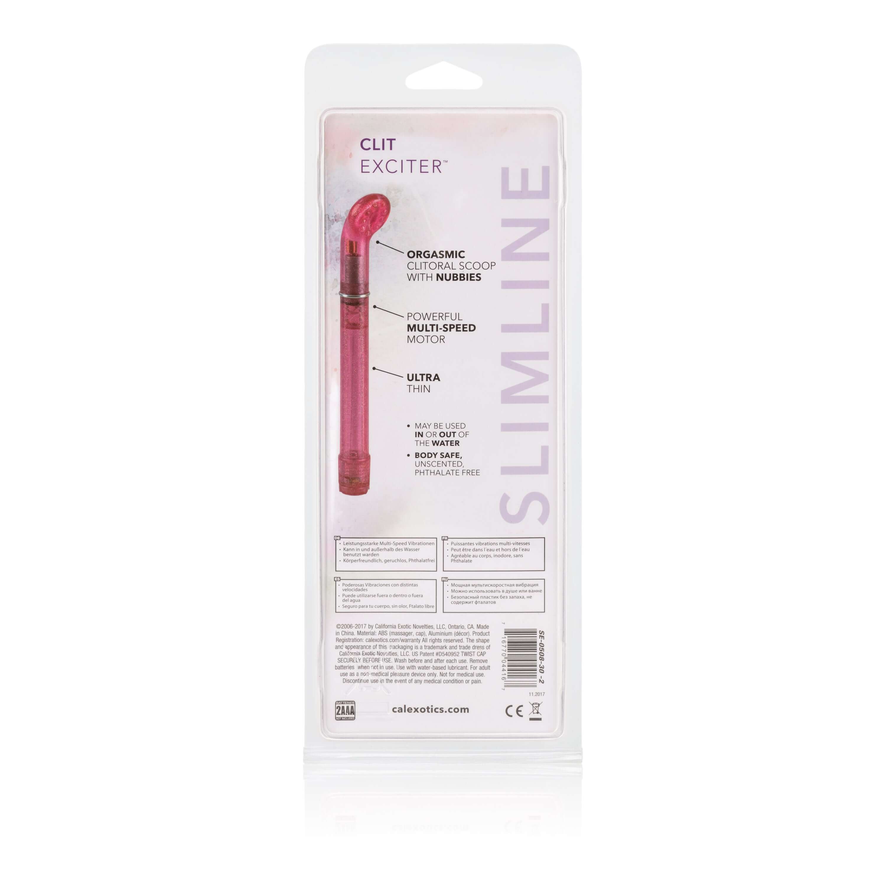 Clit Exciter Slimline Vibrator Pink packaging showcasing its design and features for focused clitoral stimulation.