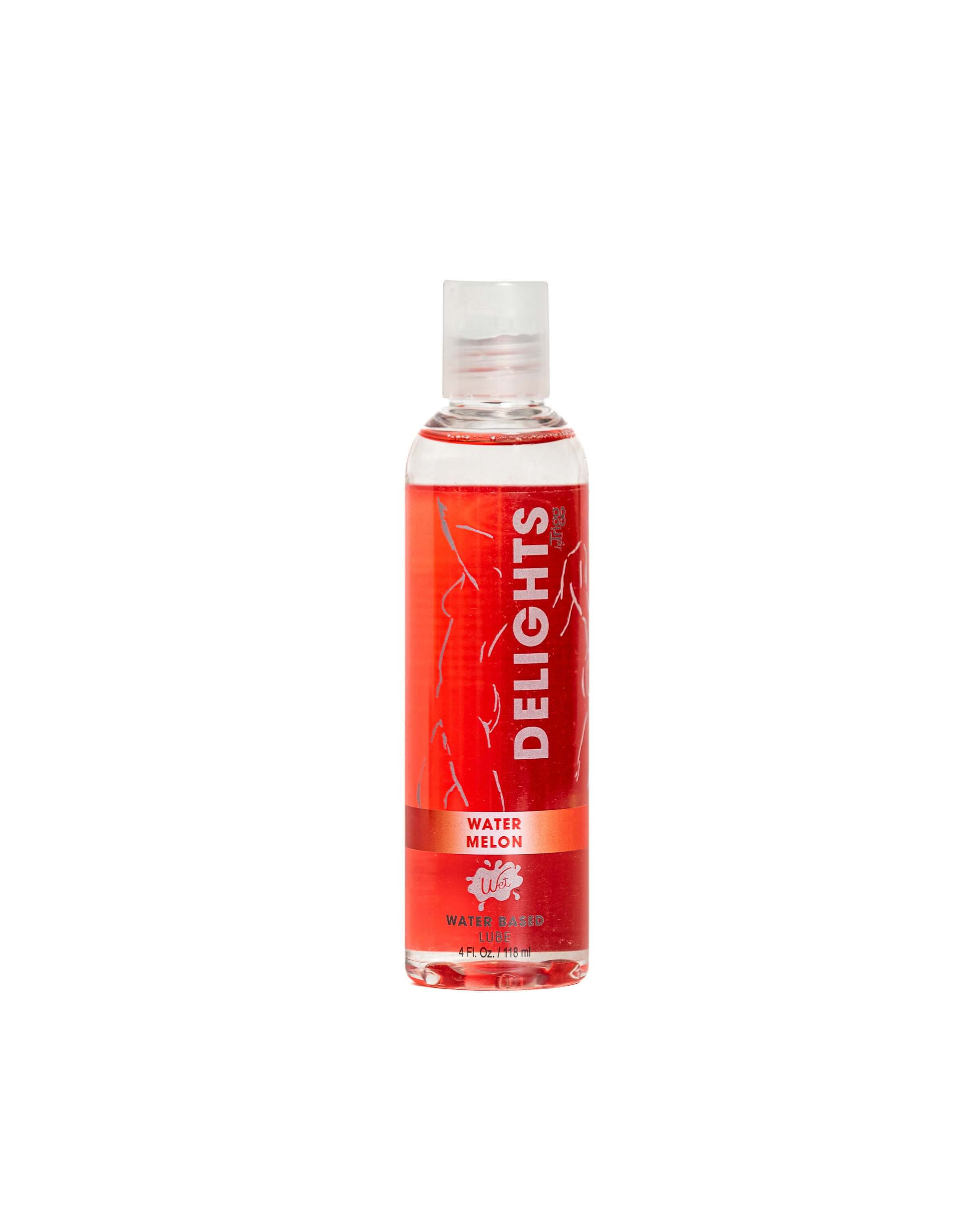 Wet Delight Water Based Watermelon Lubricant 4 Oz bottle, featuring a refreshing watermelon flavor and smooth glide.