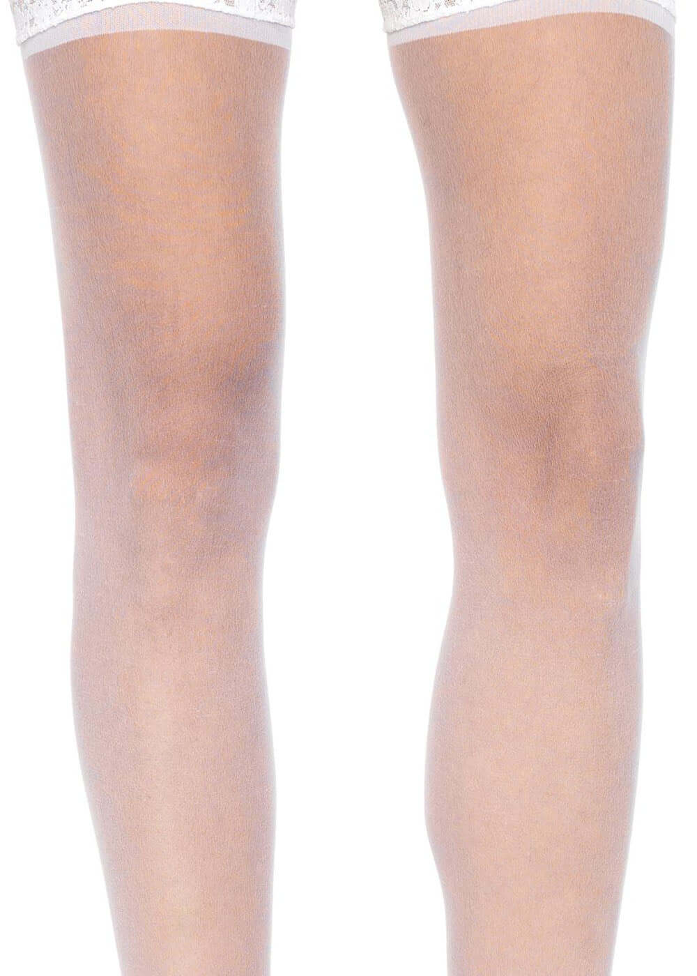 Sheer thigh high stockings with lace top and attached garterbelt in white