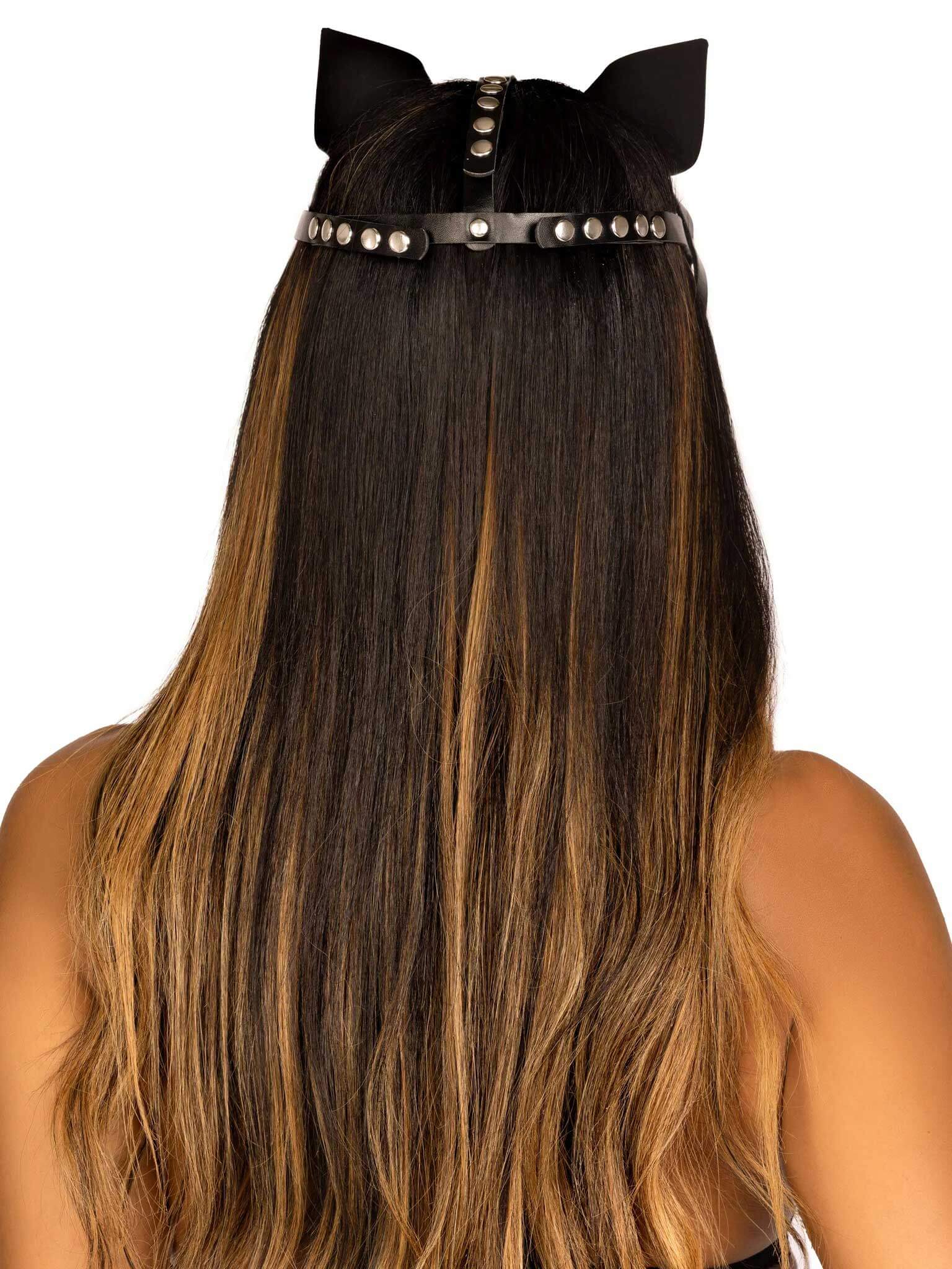 Vegan Leather Studded Cat Mask - Black-0