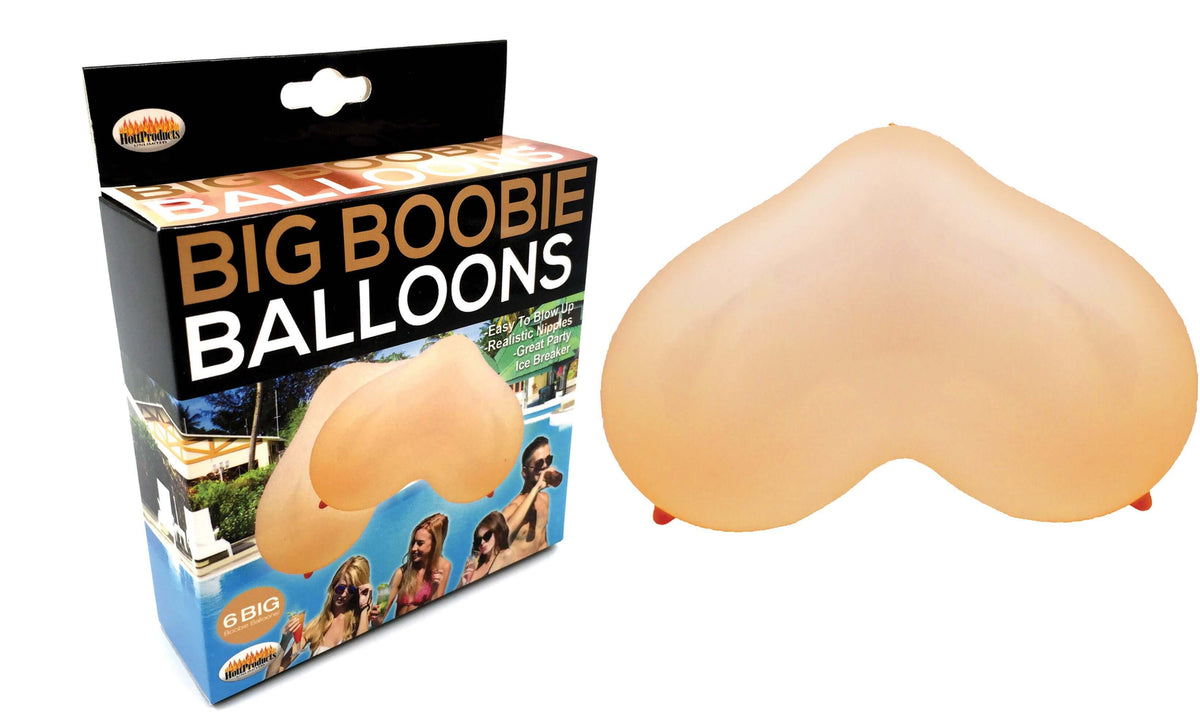 Big Boobie Balloons 6 Pc pack showing fun novelty balloons for adult parties and bachelorette events.