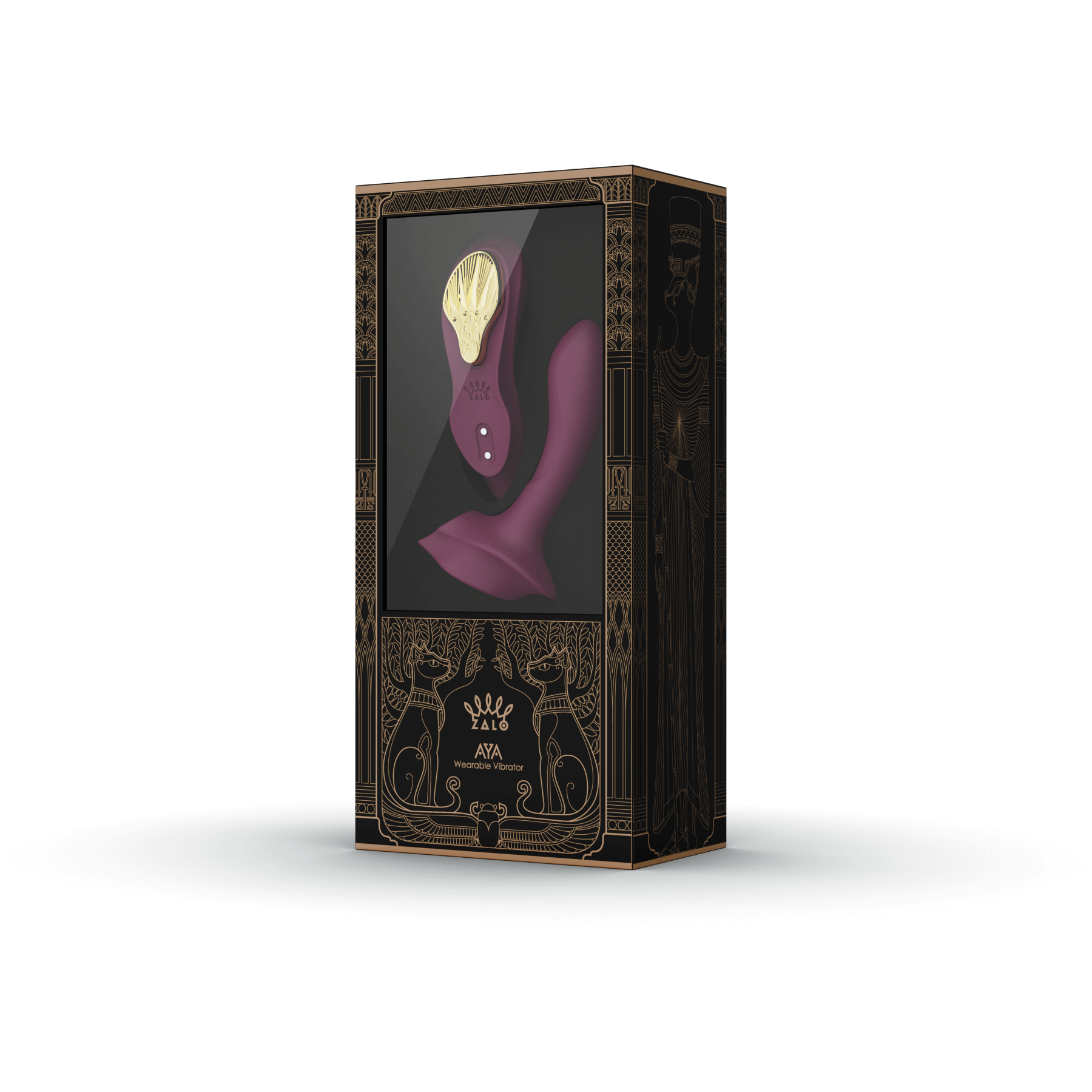 ZALO Aya Wearable Vibrator Velvet Purple in elegant black packaging with intricate gold design