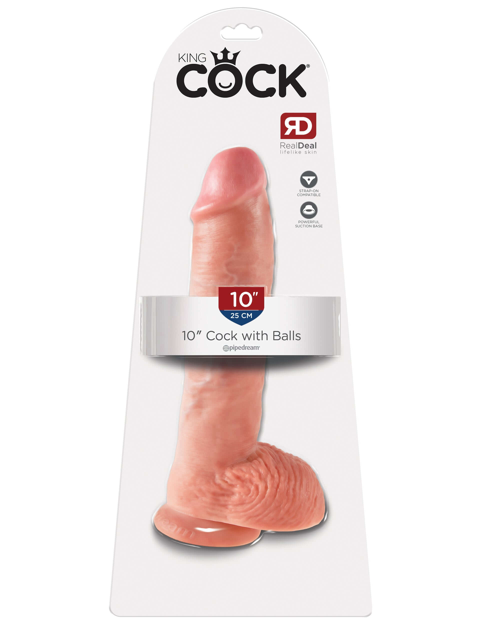King Cock 10-Inch Cock With Balls Dildo Flesh packaging showcasing realistic design and vibrant color.