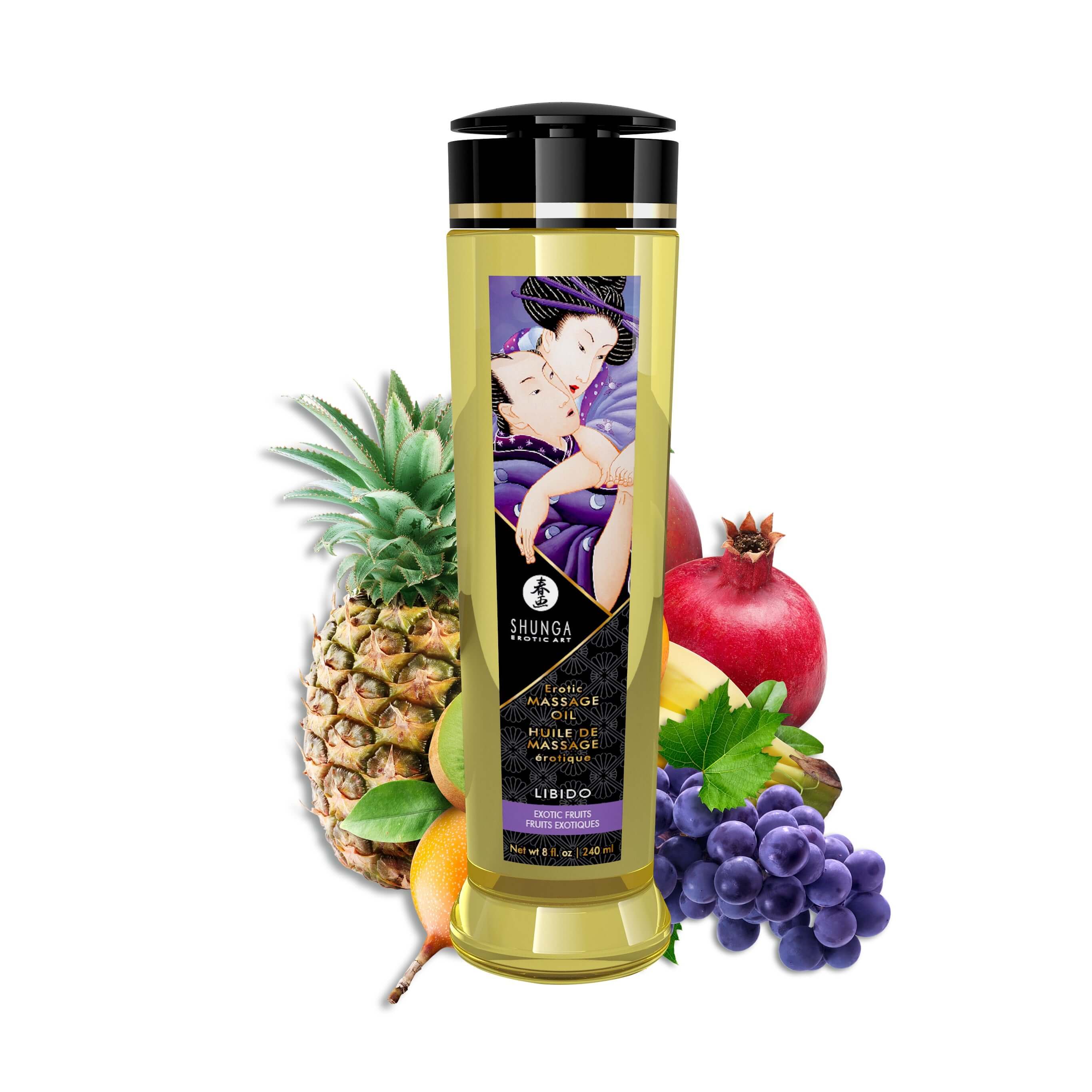 Shunga Massage Oils Libido 8 Fl. Oz. bottle with fruits including pineapple, pomegranate, grapes, and orange