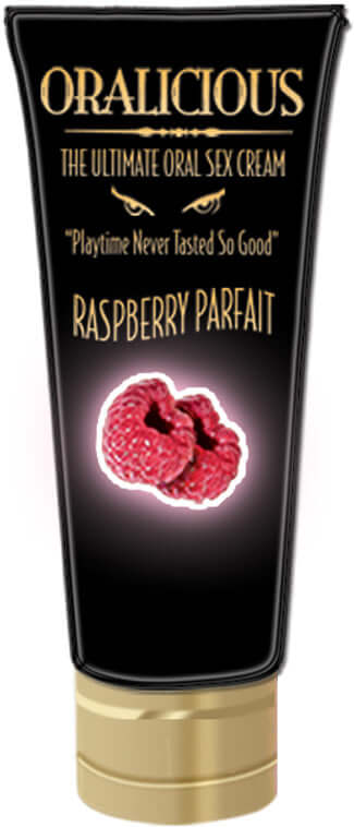 Oralicious Oral Sex Cream Raspberry Parfait 2 Oz packaging featuring a luxurious design and raspberry parfait flavor.
