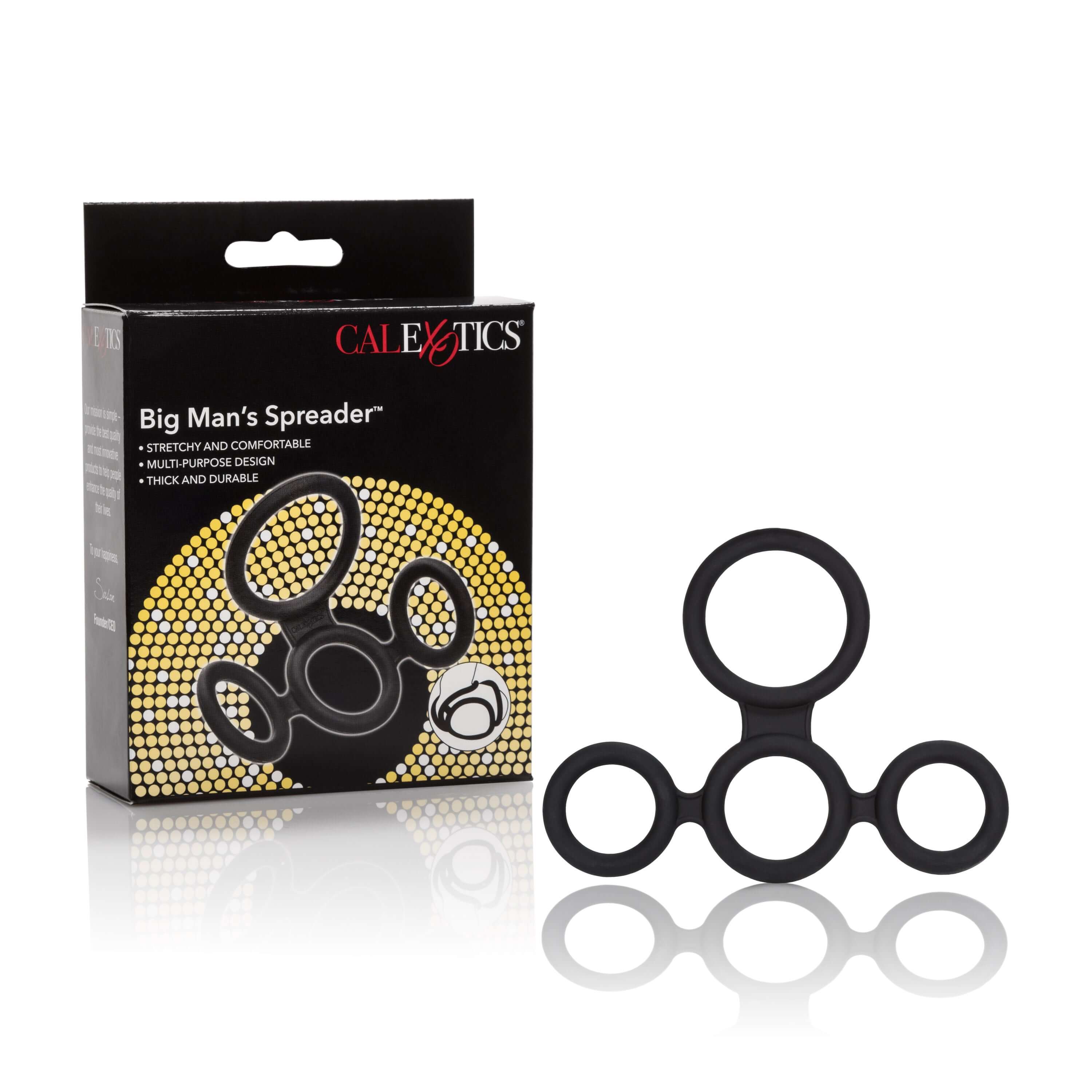 Big Mans Spreader Silicone Cock Ring Black packaging and product displayed with multiple rings.