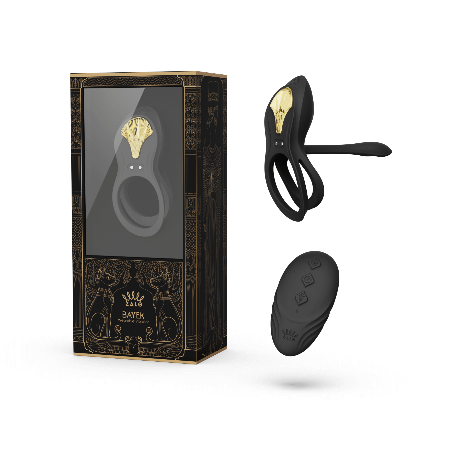 ZALO Bayek Vibrating Couples Ring in Obsidian Black with 8 Vibration Modes, Remote Control, and USB Rechargeable Battery Packaging.