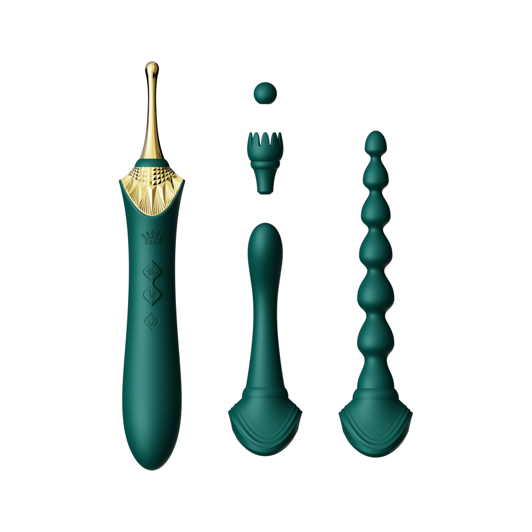 ZALO Bess 2 Clitoral Massager with multiple green attachments for targeted stimulation and heating function