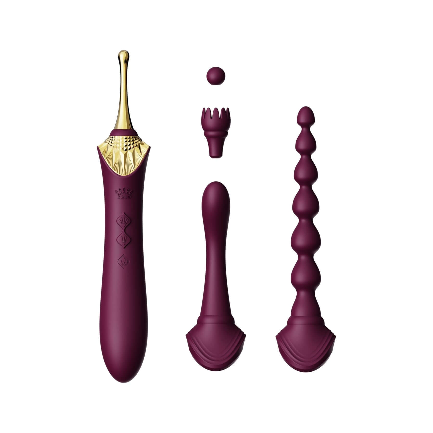 ZALO Bess 2 Clitoral Massager in Velvet Purple with multiple head attachments including anal beads and pinpoint stimulation tools