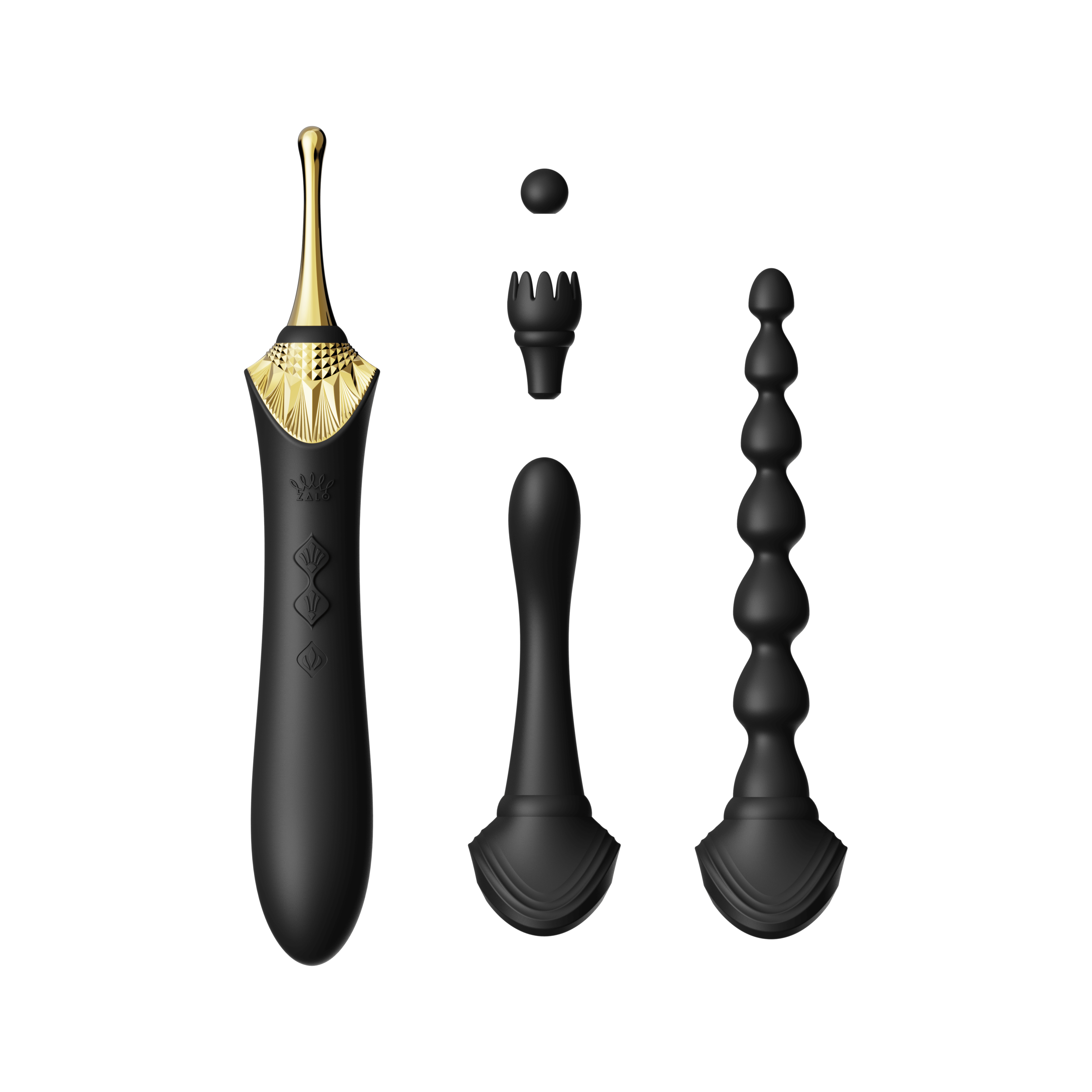 Bess 2 Clitoral Massager with 4 attachments: main device, ball head, curved head, and anal beads in obsidian black.