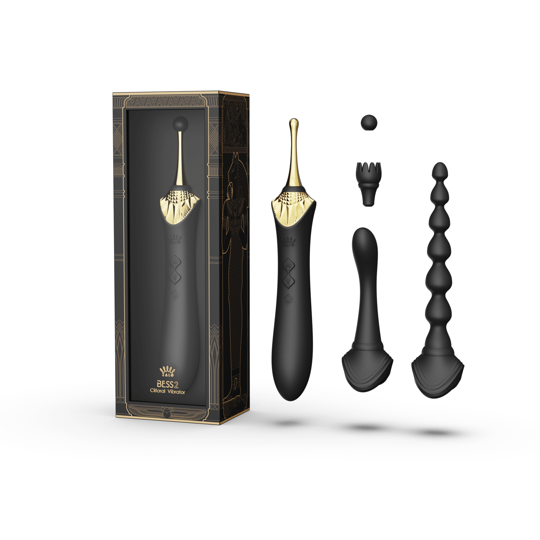 Bess 2 Clitoral Massager in Obsidian Black with multiple attachments for targeted stimulation displayed with packaging.