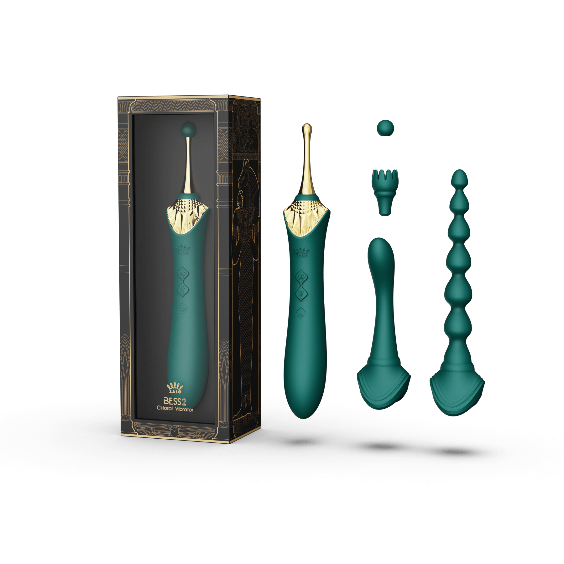 ZALO Bess 2 Clitoral Massager in Turquoise Green with multiple head attachments including anal beads, displayed in front of packaging.