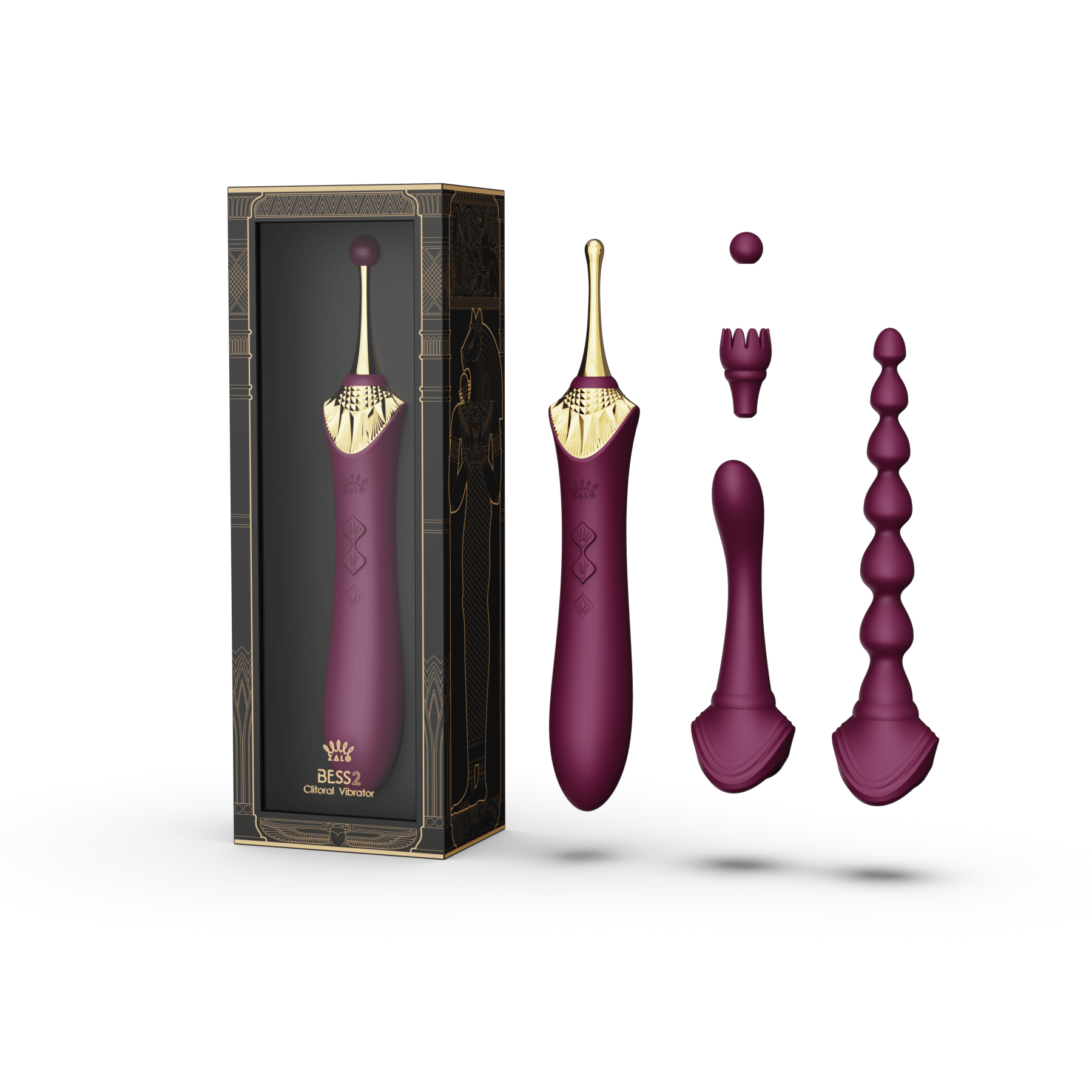 ZALO Bess 2 Clitoral Massager in Velvet Purple with multiple attachments and packaging box shown.