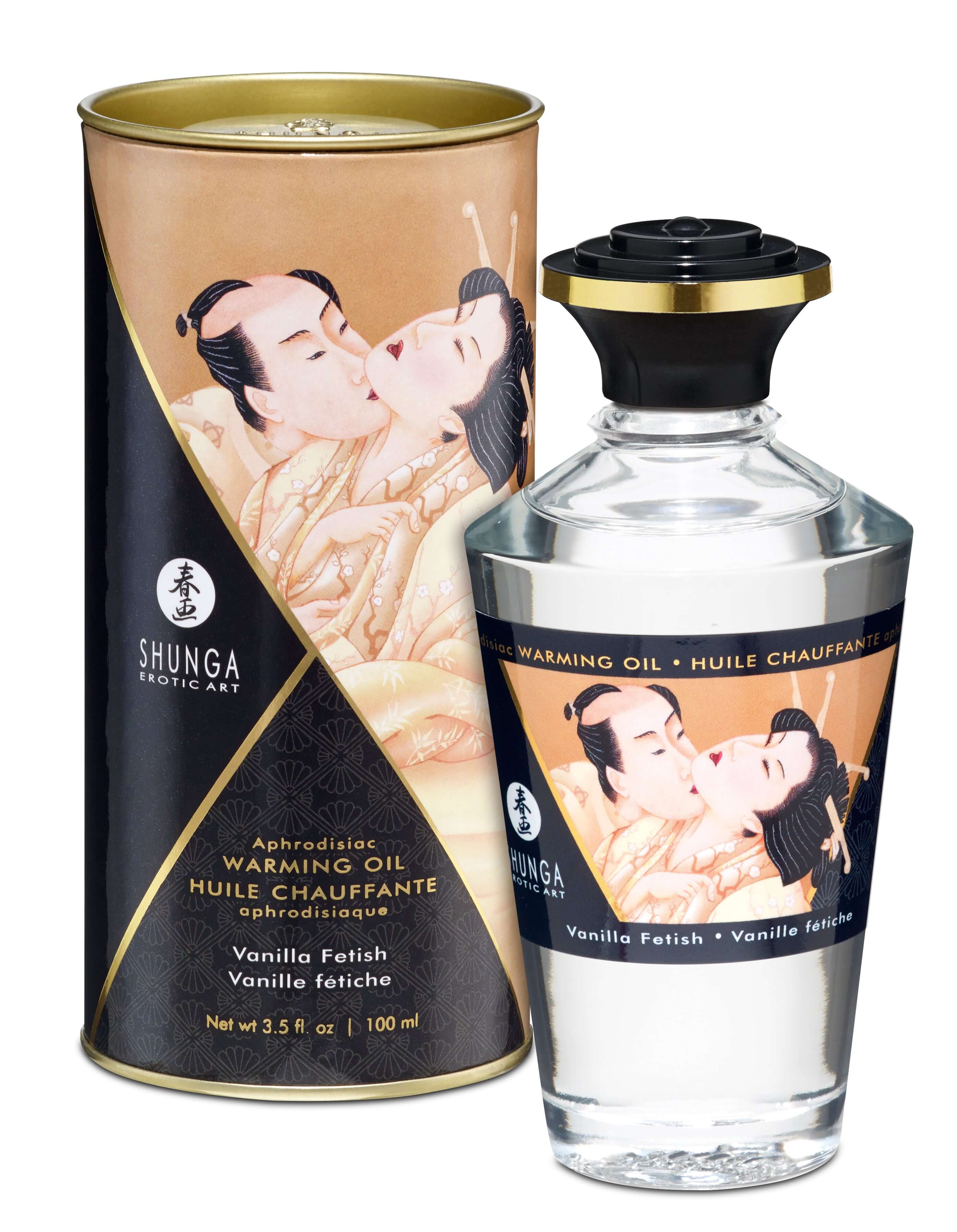 Aphrodisiac Warming Oil Vanilla Fetish 3.5 Fl. Oz bottle and packaging by Shunga, enhances sensations, vegan and free of parabens and sugar