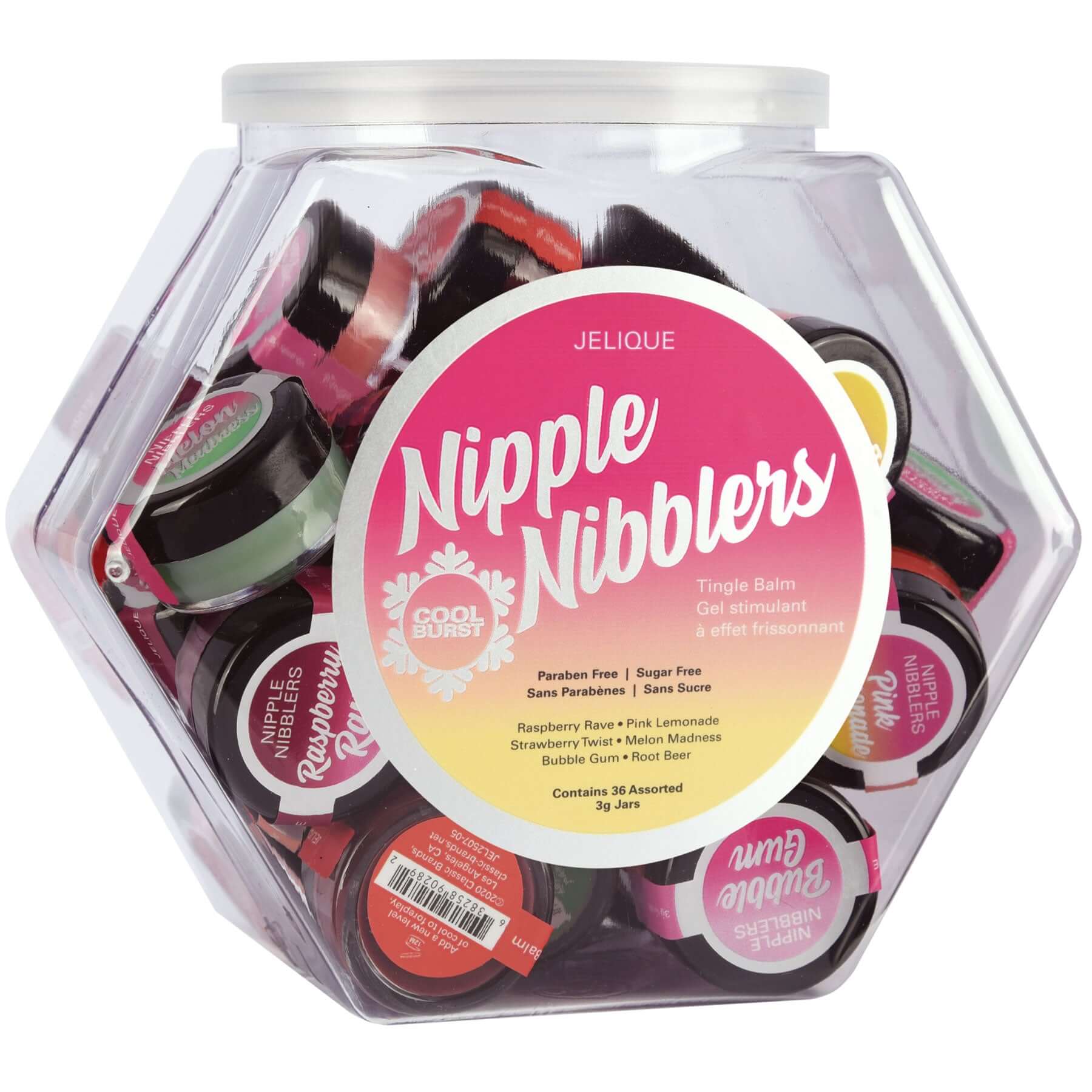 Nipple Nibblers Tingle Balm Assorted 36 Pc. Bowl of 3gm Jars for Nipple Play - Raspberry, Pink Lemonade, Strawberry, Melon, Bubble Gum, Root Beer