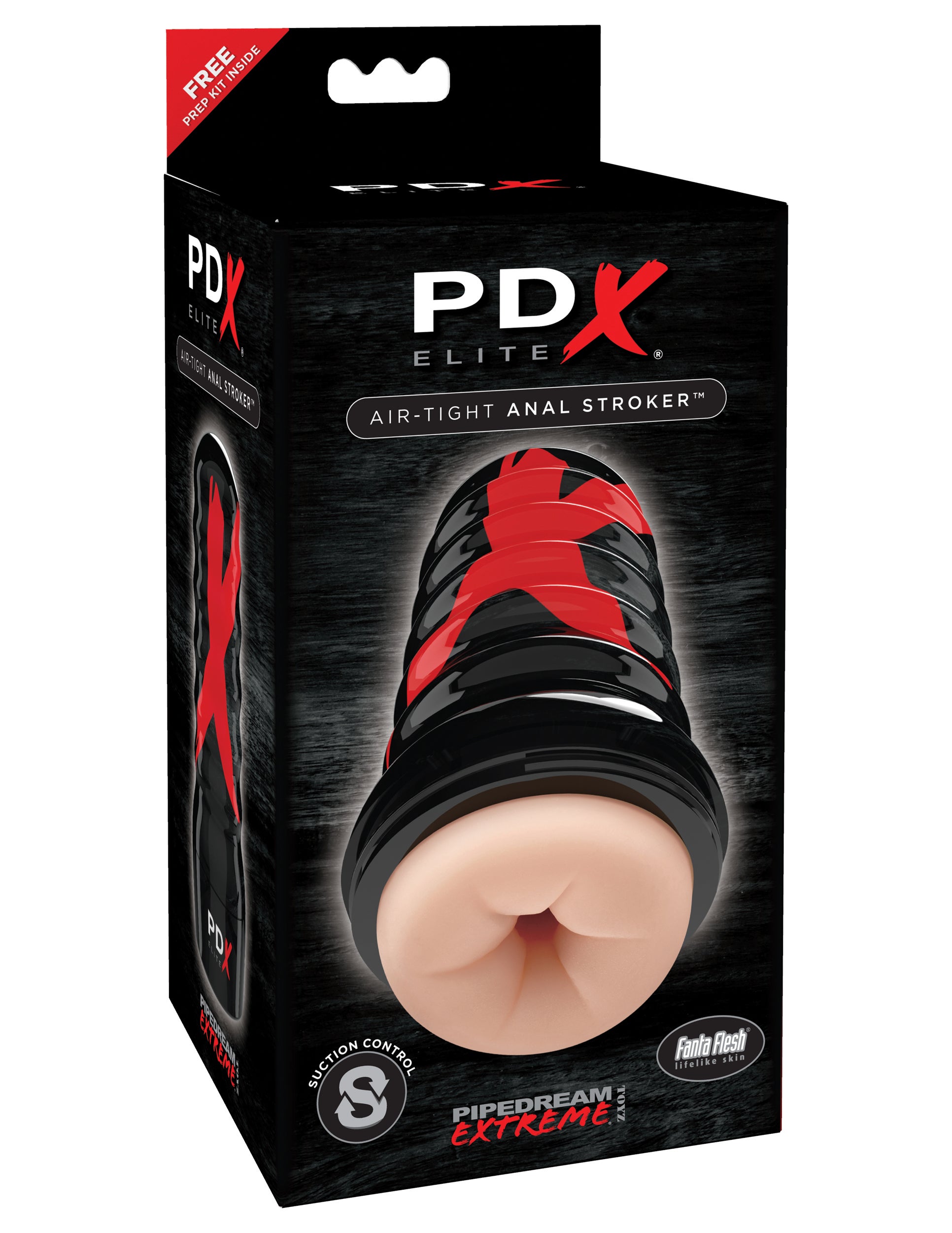 PDX Elite Air-Tight Anal Stroker packaging showcasing the ribbed exterior and lifelike Fanta Flesh interior.