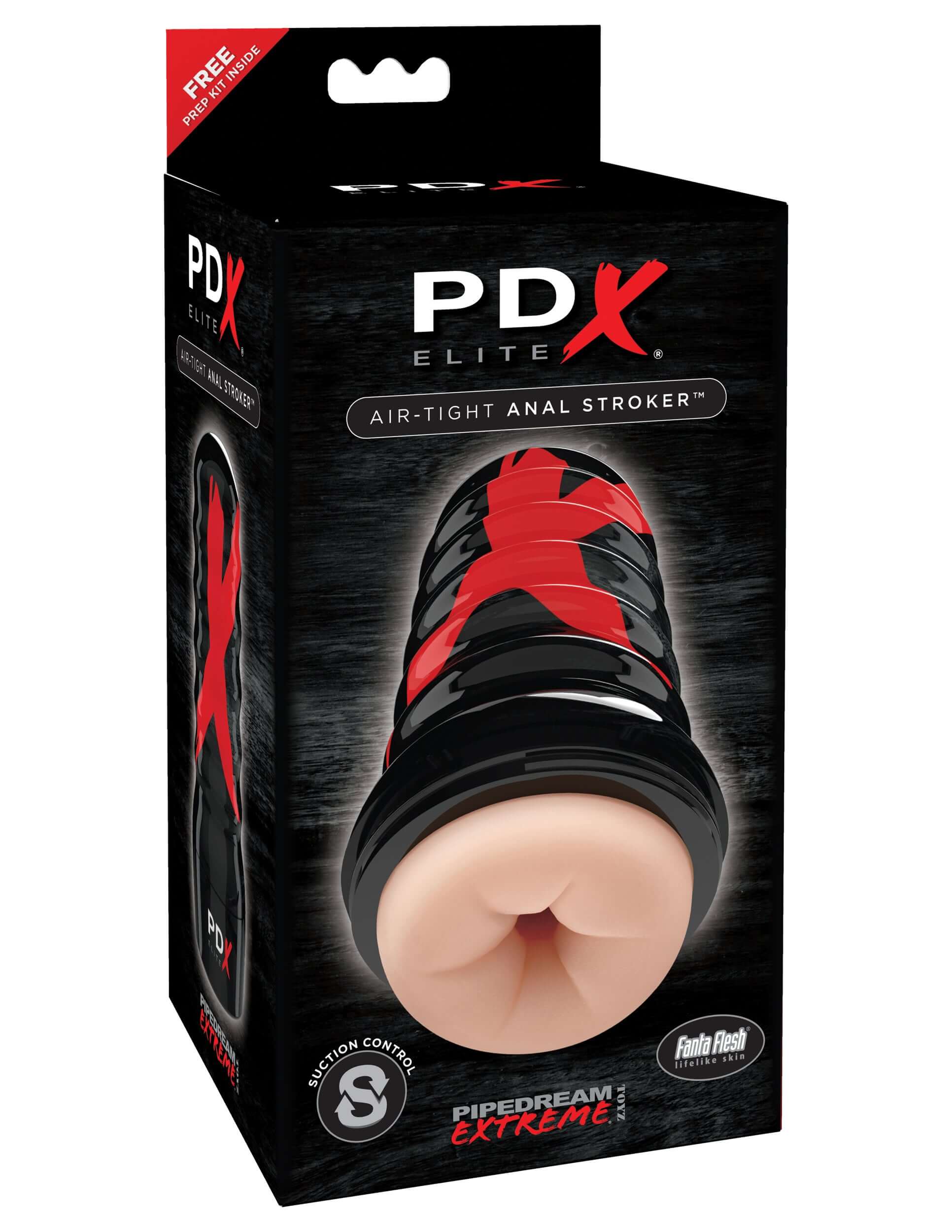 PDX Elite Air-Tight Anal Stroker packaging showcasing the ribbed exterior and lifelike Fanta Flesh interior.