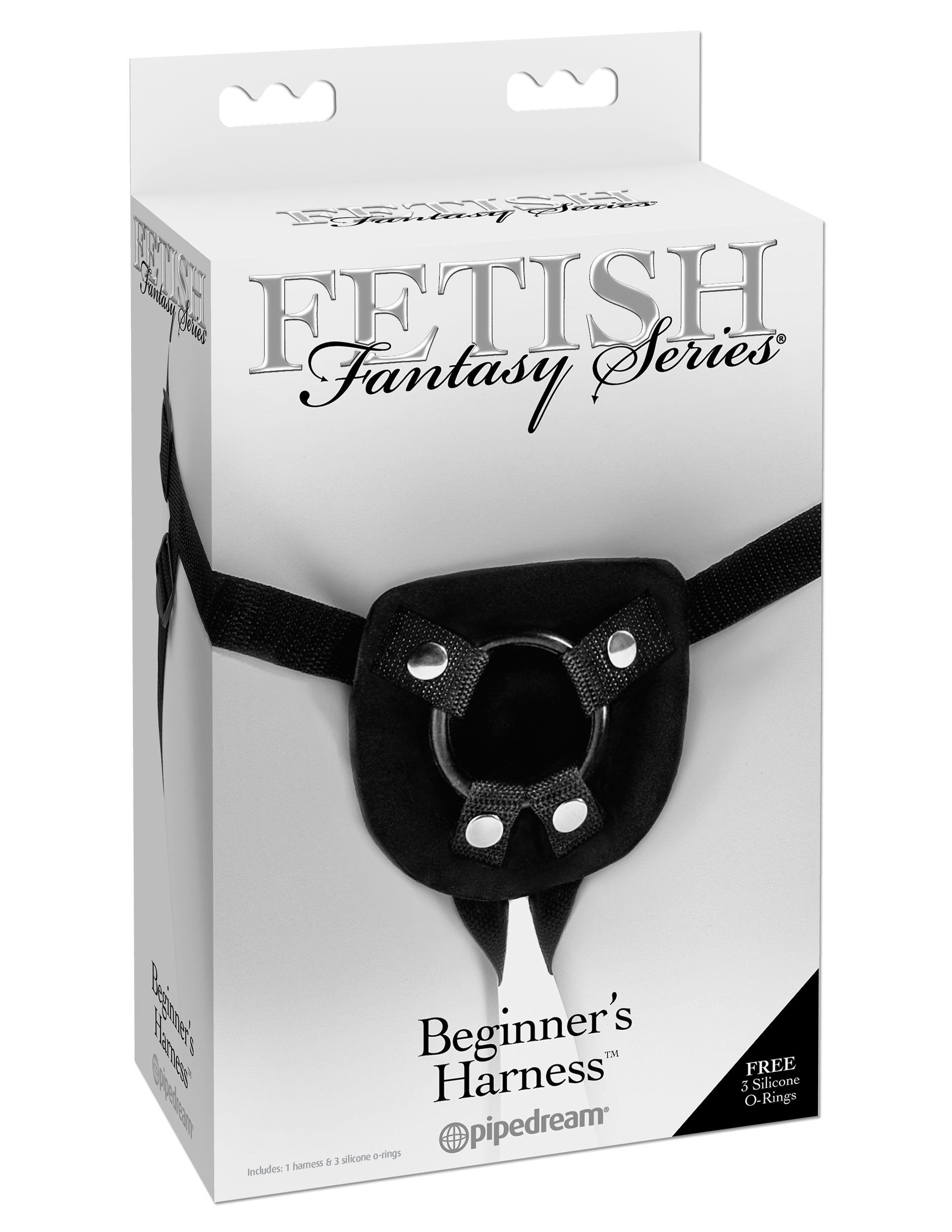 Fetish Fantasy Series Beginners Harness Black packaging showing a comfortable strap-on design ideal for first-time users.