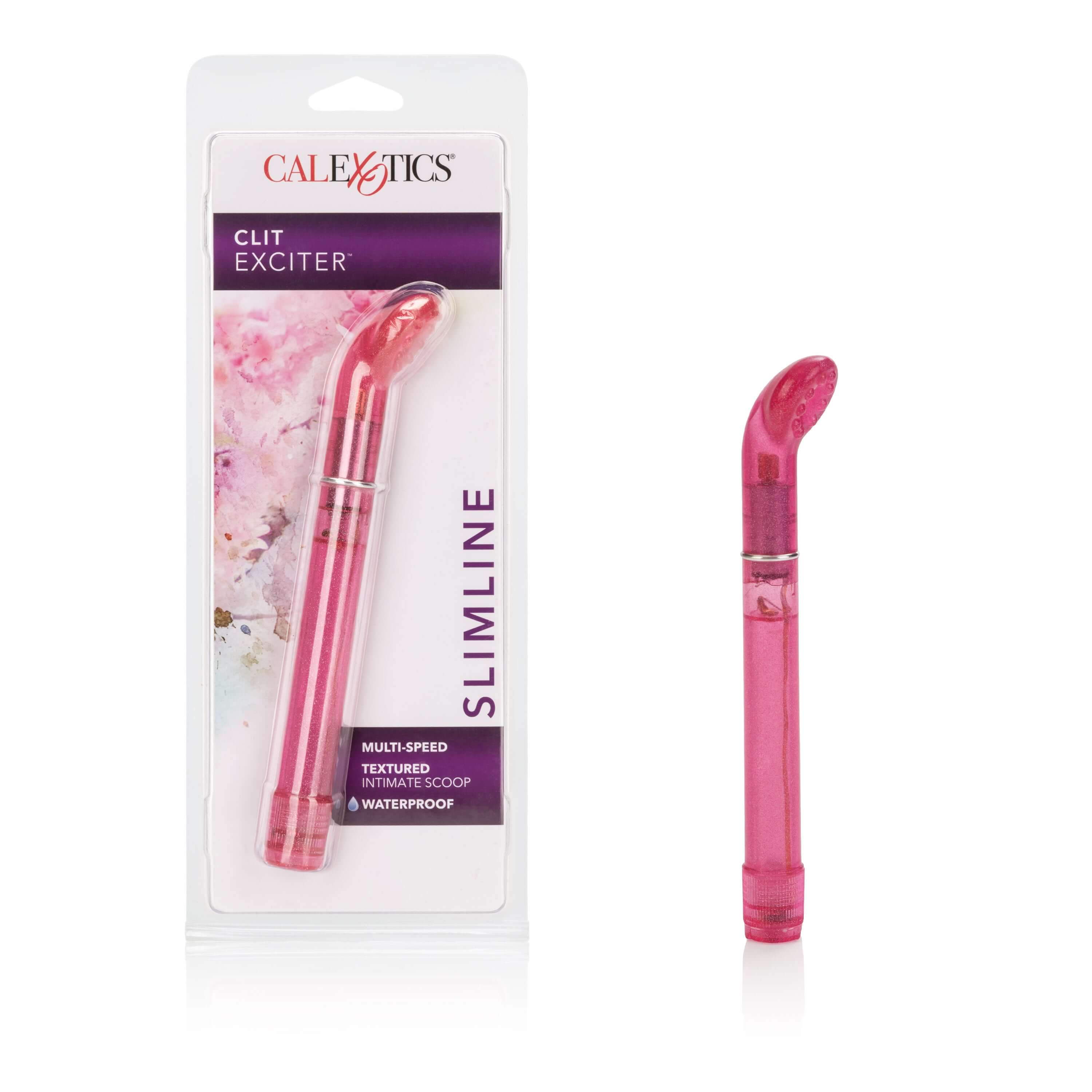 Clit Exciter Slimline Vibrator Pink packaging with multi-speed and textured design for targeted stimulation.