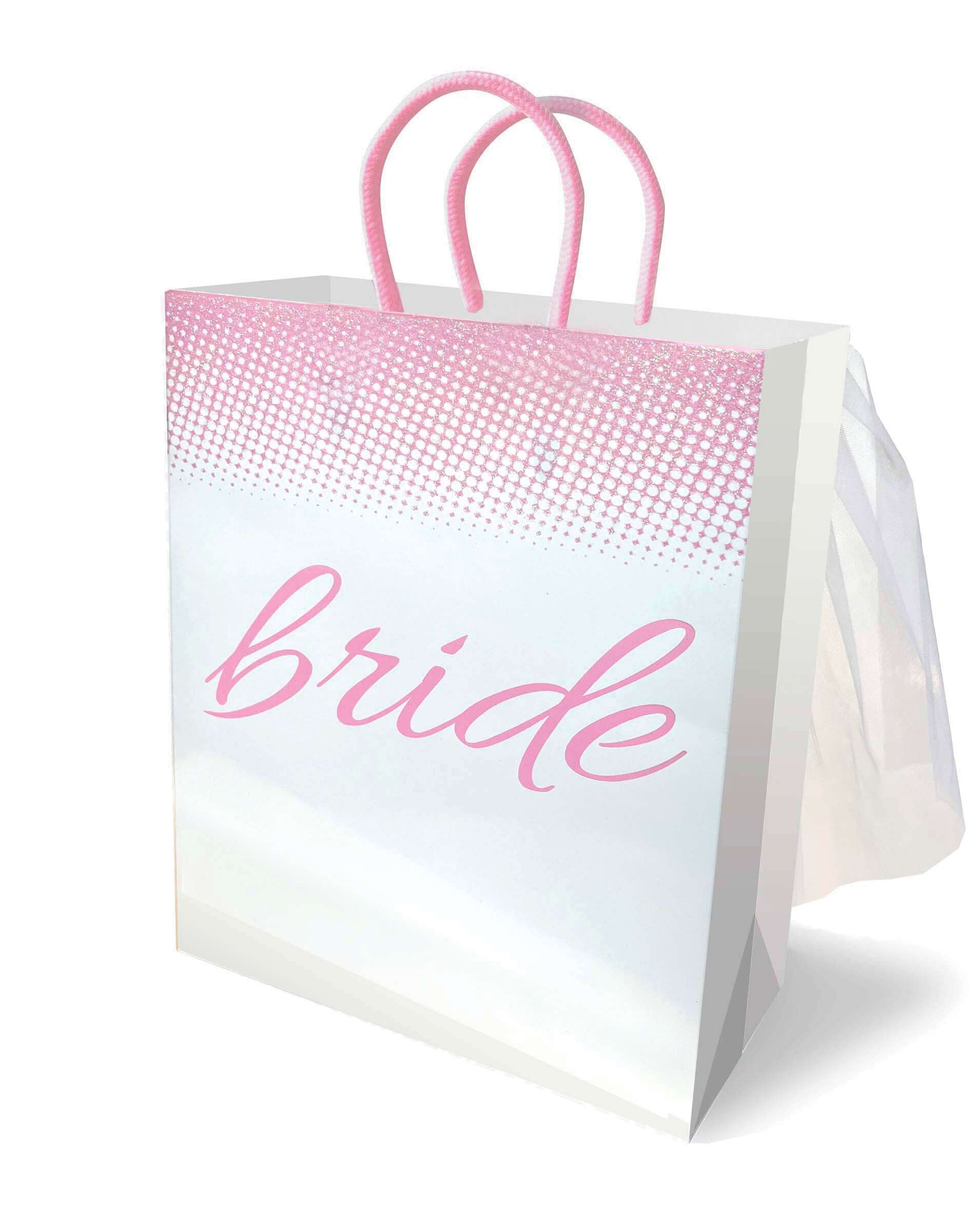 Luxurious bride gift bag with pink handles and delicate veil detail, perfect for special wedding day presents.