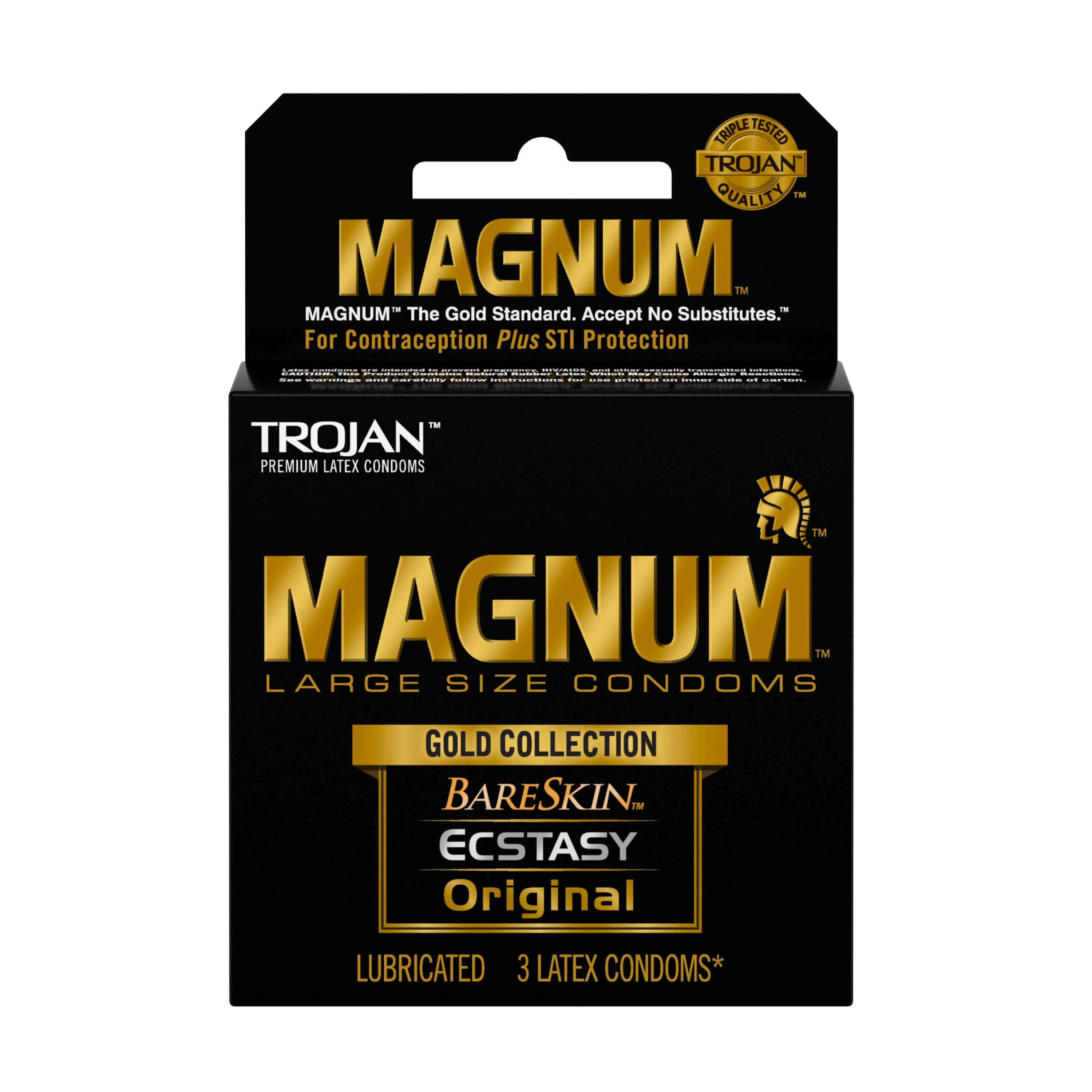 Trojan Magnum Large Size Gold Collection Condoms 3 Pack includes Bareskin, Ecstasy, and Original for comfort and sensitivity.