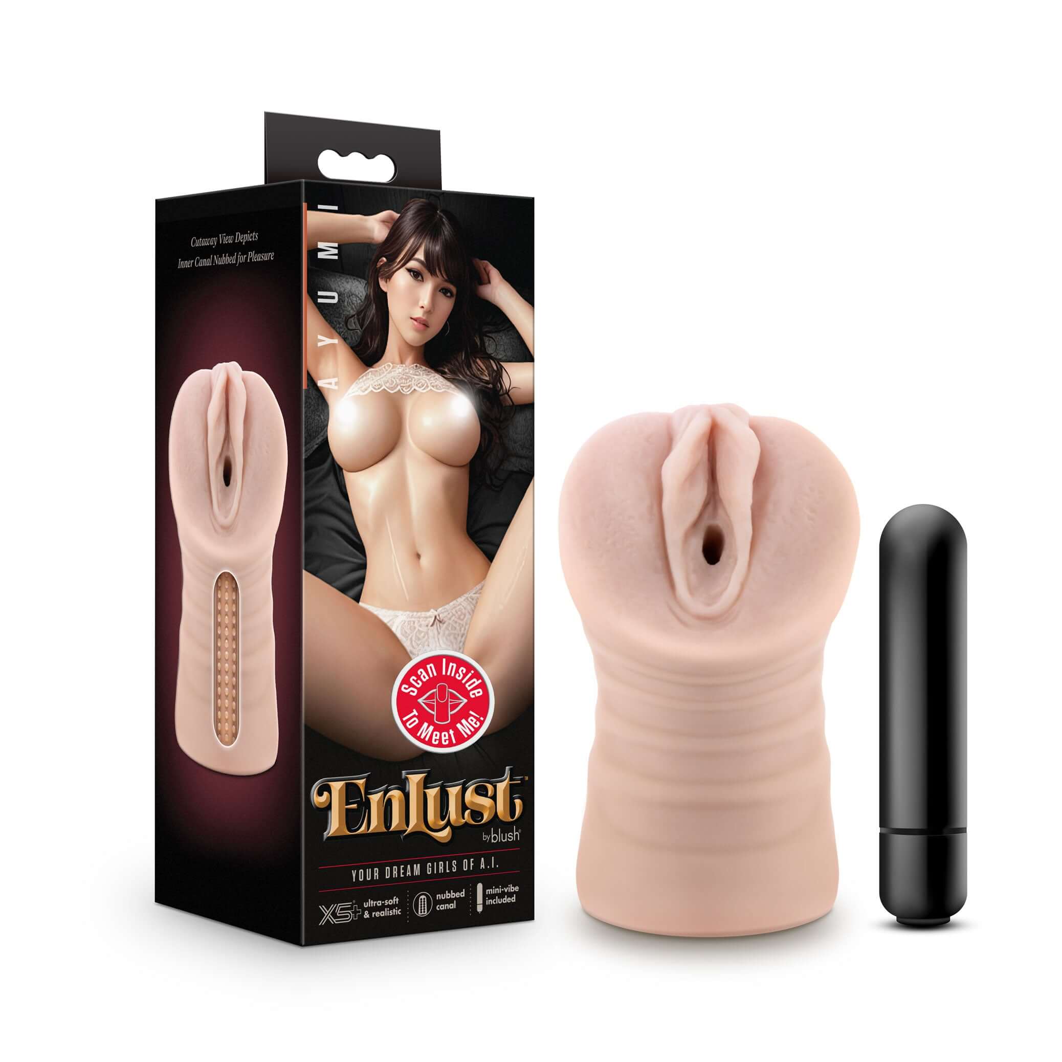 Enlust Ayumi vibrating stroker in beige with packaging and a black vibrator, designed for ultimate pleasure and fantasy fulfillment.