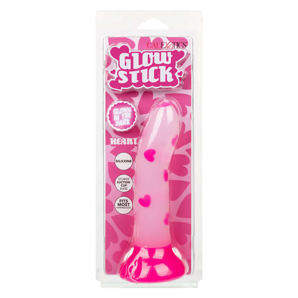Pink Glow Stick Heart Dildo with glow-in-the-dark heart pattern and satin finish silicone, packaged and ready for use