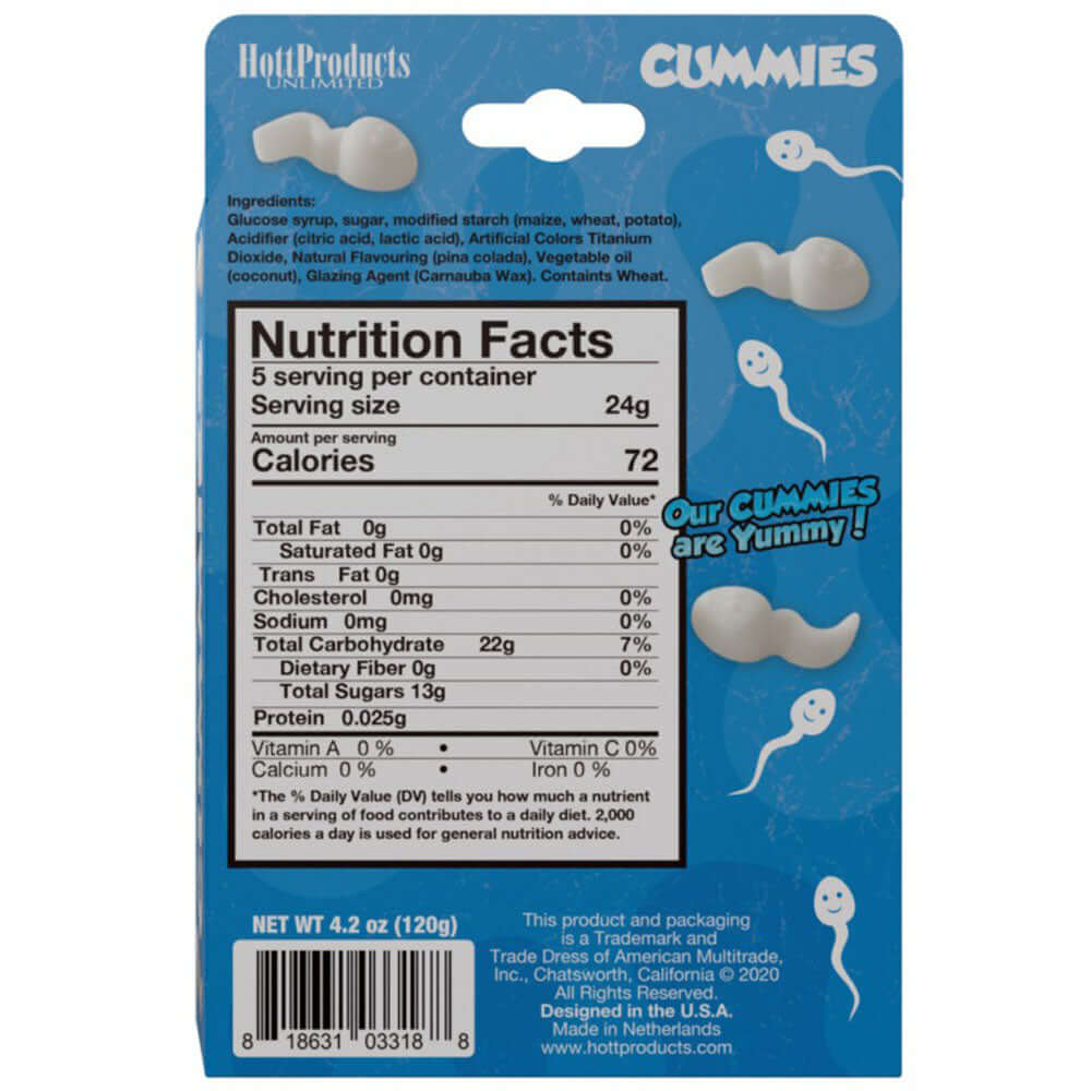Sperm-Shaped Gummies Pina Colada Flavor nutrition facts and packaging design on blue background.