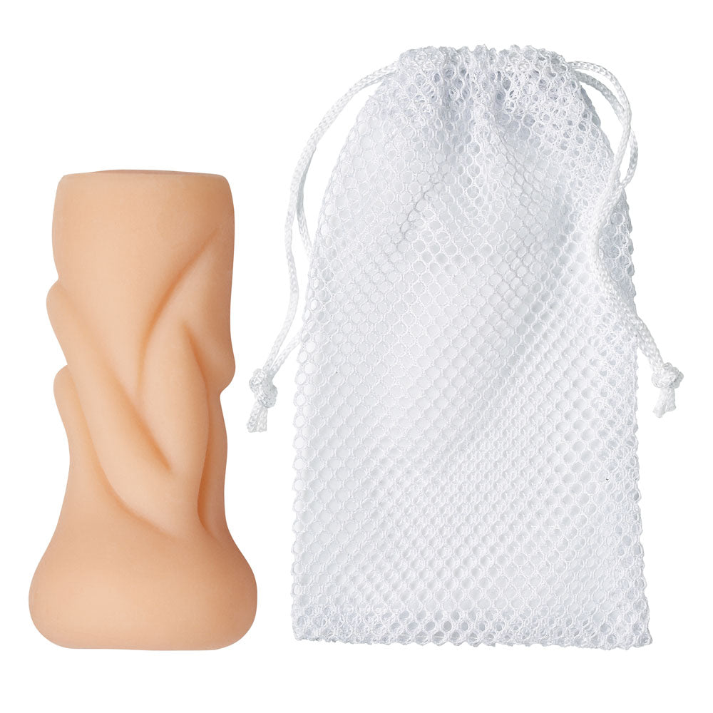 Cloud 9 Anal Pocket Stroker in tan with bonus drying pouch, designed for intimate pleasure and ergonomic comfort.