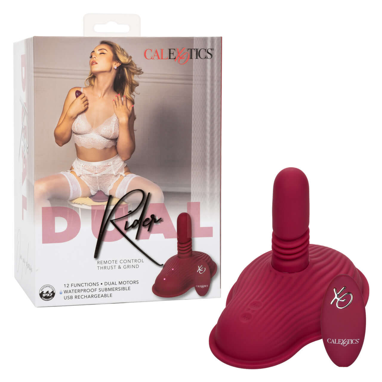Dual Rider Remote Control Thrust and Grind massager with packaging, featuring dual motors and ribbed design for intense vibration and thrusting.