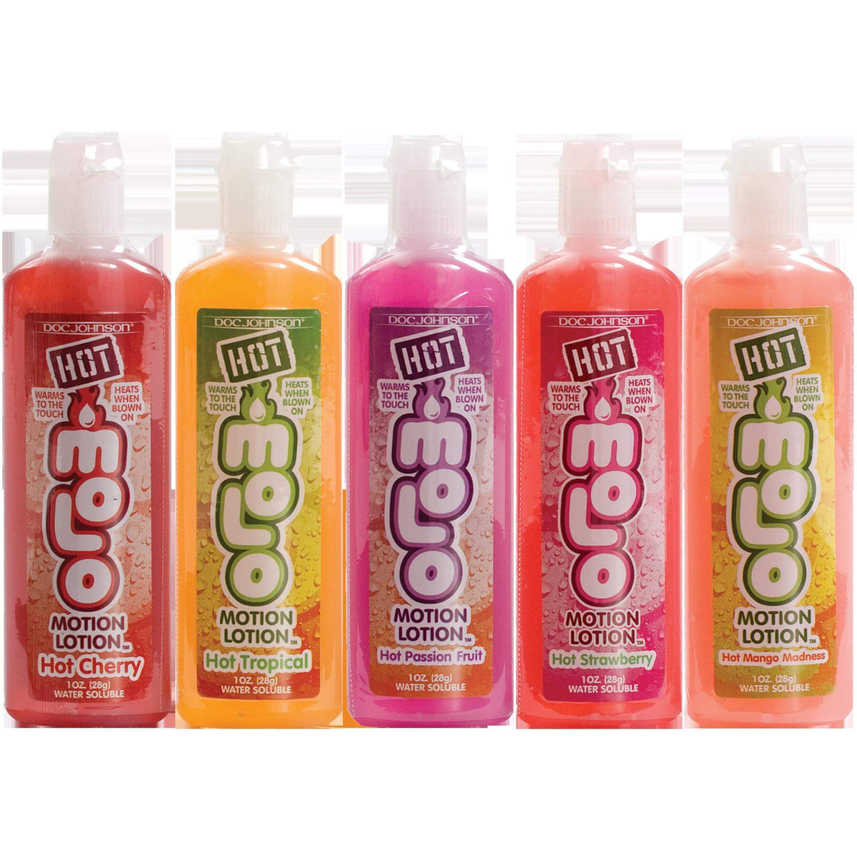 Hot Motion Lotion Flavored Water Based Lubricant 1 Oz 5 Pack featuring assorted flavors in 1 oz bottles.