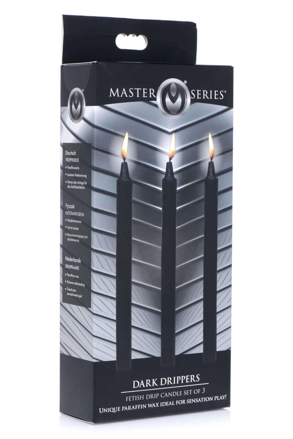 Dark Drippers Fetish Drip Candles 3 Pack Black packaged in a sleek design, ideal for sensation play and atmospheric enhancement.