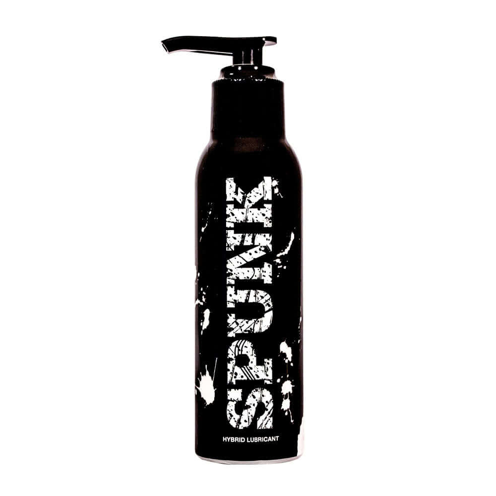 Spunk Lube Hybrid Pump 4 Fl Oz bottle with black label and white text, non-staining water-based silicone lubricant