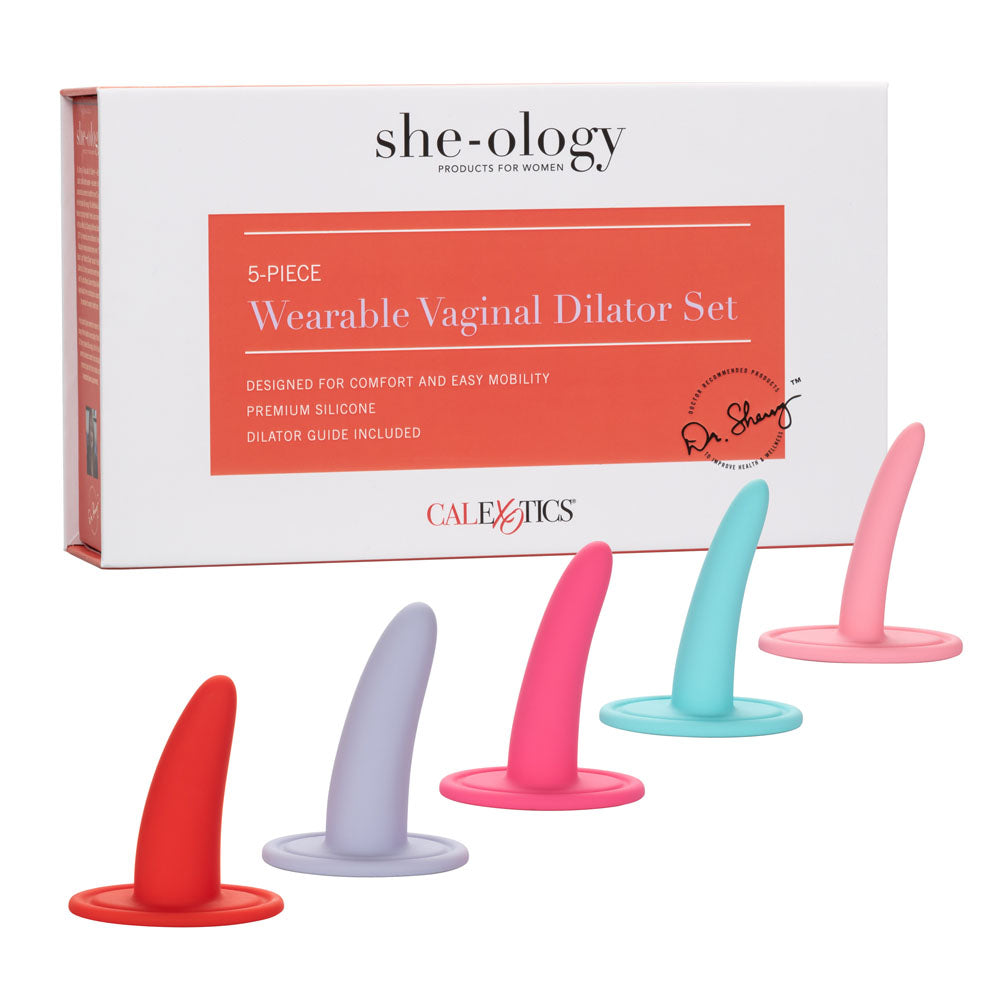 She-Ology 5-Piece Wearable Vaginal Dilator Set with ergonomic design and colorful silicone dilators.